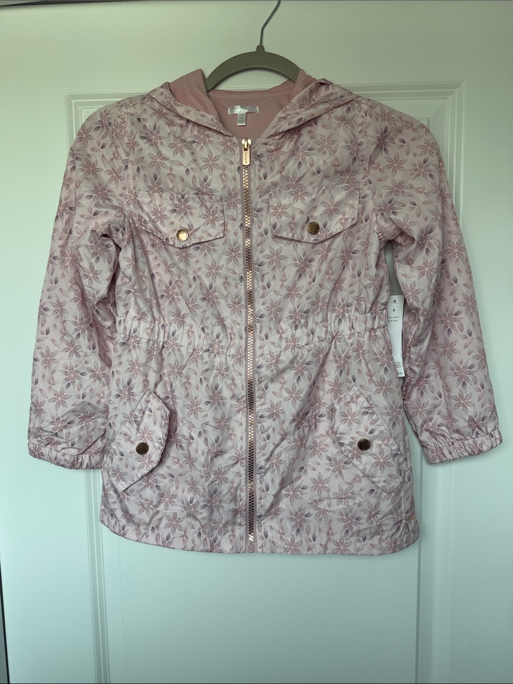 NWT Girls Tahari Light Pink Floral Hooded Lite Weight Jacket Size 8